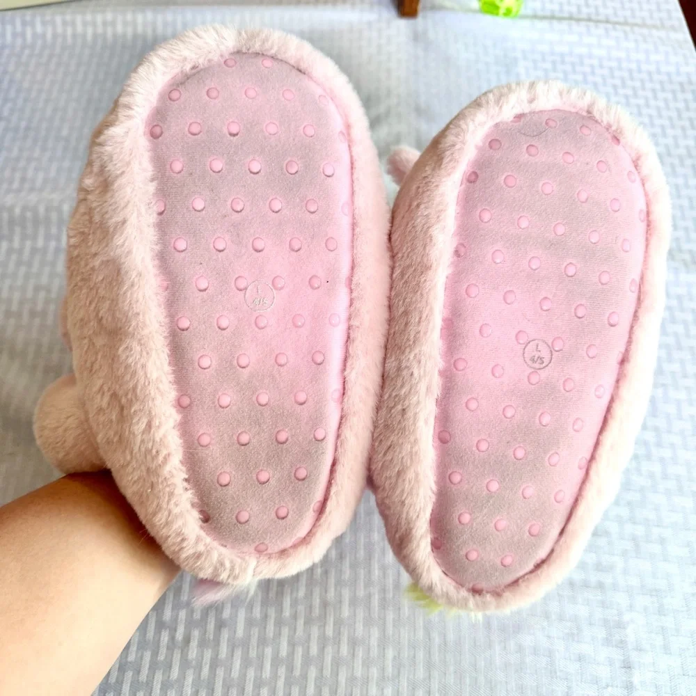 Pink Unicorn Plush Slippers Kids Size L 4/5 Rainbow Pastel Cozy Faux Fur Shoes